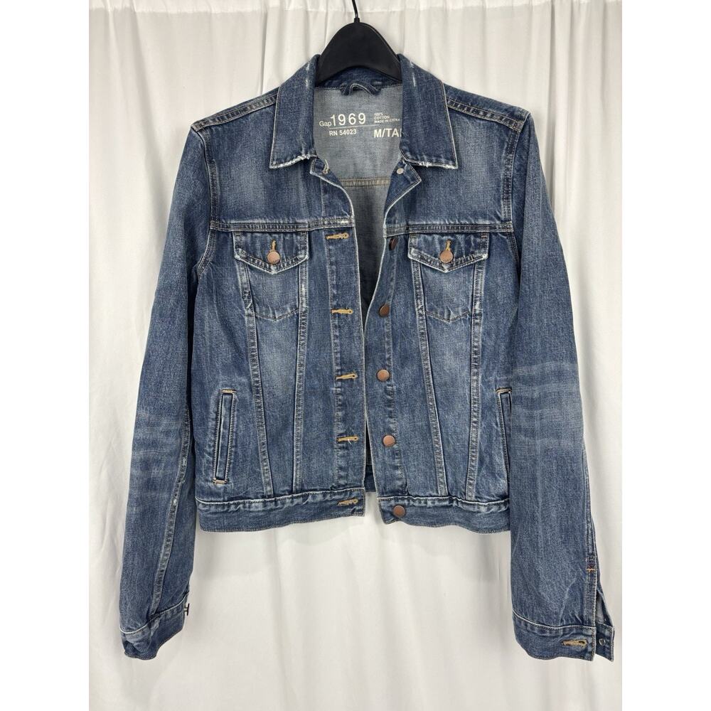 GAP Women's Jean Jacket Medium Wash Trucker Blue Broken In Denim Size M Tall